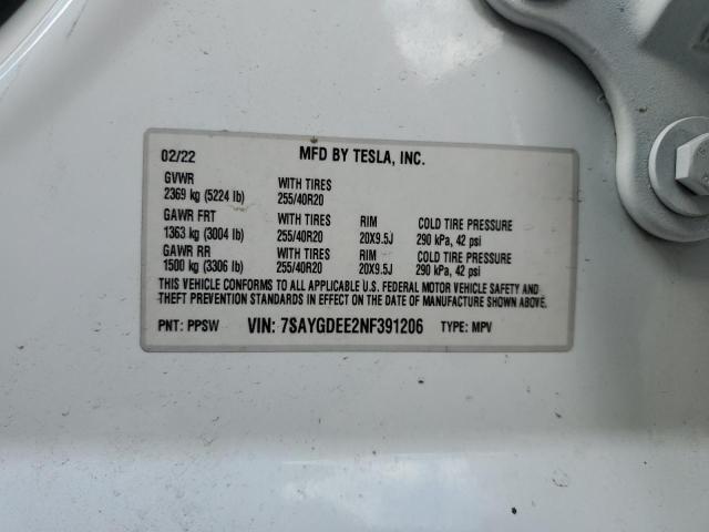 7SAYGDEE2NF391206 - 2022 TESLA MODEL Y Blanco foto 12