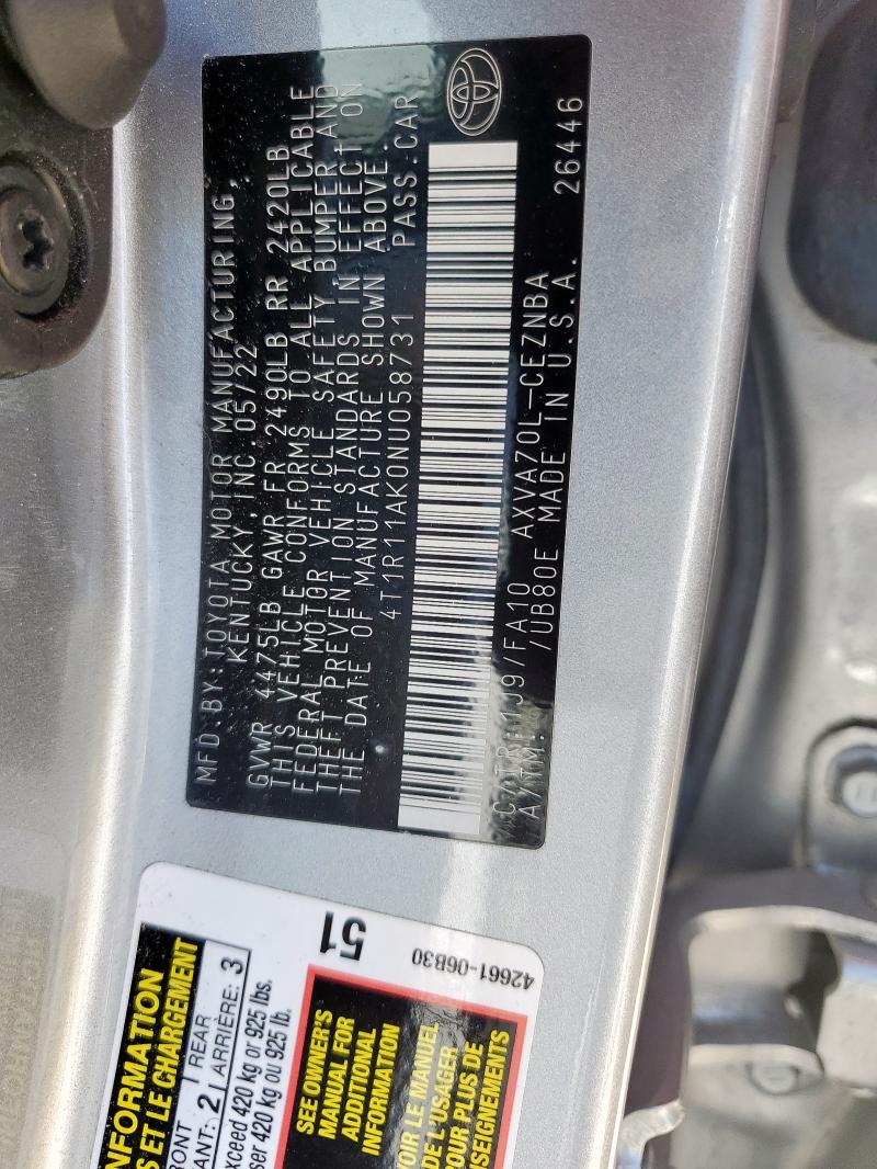 4T1R11AK0NU058731 - 2022 TOYOTA CAMRY LE 银色 照片 12
