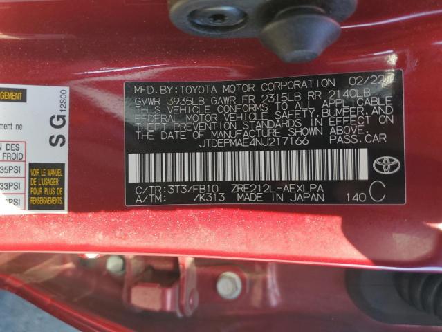 JTDEPMAE4NJ217166 - 2022 TOYOTA COROLLA LE برغندي صورة 12