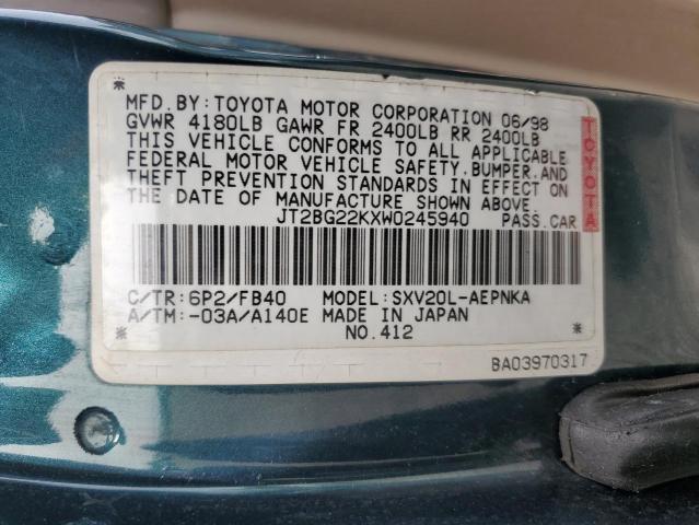 JT2BG22KXW0245940 - 1998 TOYOTA CAMRY CE GREEN photo 12
