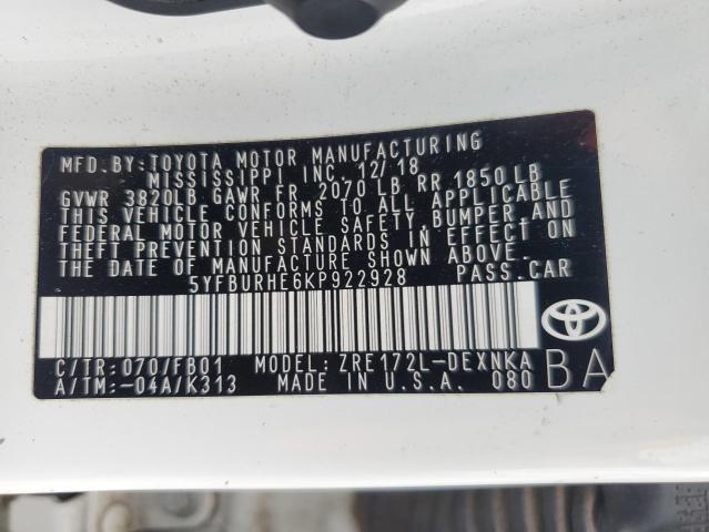 5YFBURHE6KP922928 - 2019 TOYOTA COROLLA L თეთრი ფოტო 12