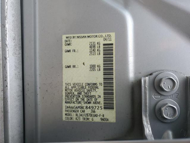 1N4AA5AP0BC849725 - 2011 NISSAN MAXIMA S SILVER photo 12