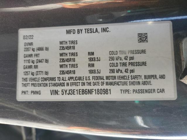 5YJ3E1EB6NF180981 - 2022 TESLA MODEL 3 Boz foto 13