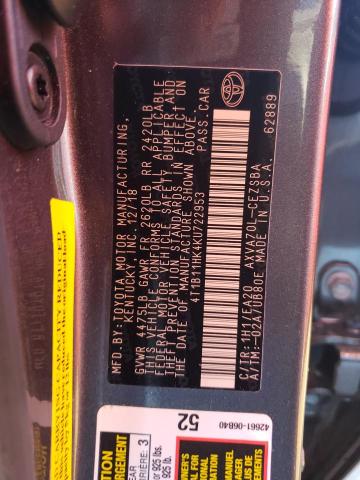 4T1B11HK4KU722953 - 2019 TOYOTA CAMRY L GRAY photo 13