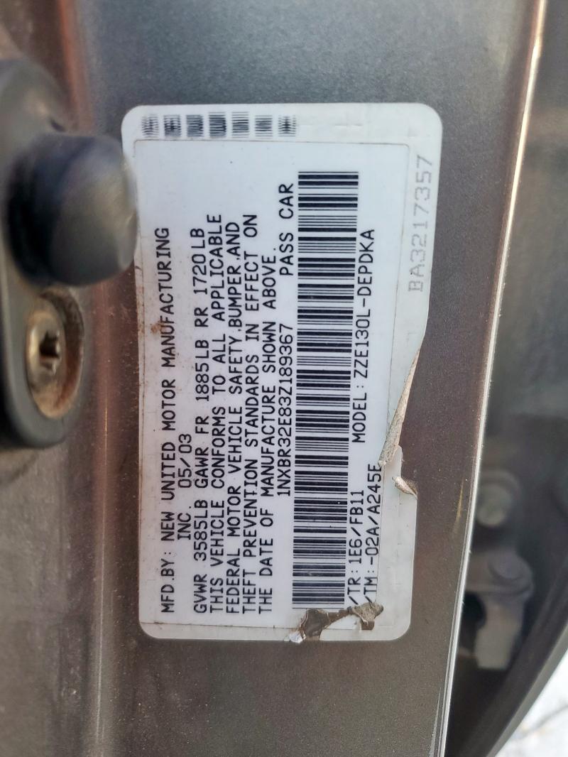 1NXBR32E83Z189367 - 2003 TOYOTA COROLLA CE GRAY photo 12