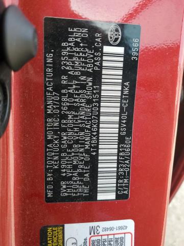 4T1BK46K07U031511 - 2007 TOYOTA CAMRY LE RED photo 13