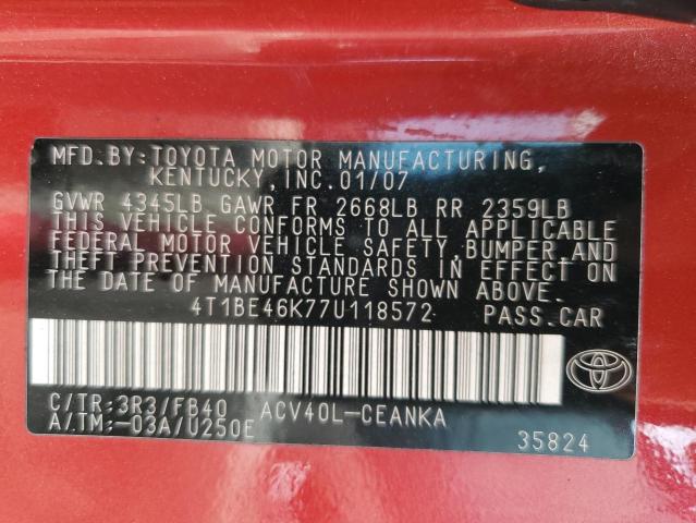 4T1BE46K77U118572 - 2007 TOYOTA CAMRY CE წითელი ფოტო 12
