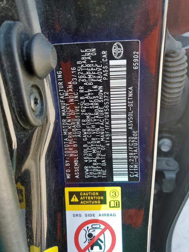 4T4BF1FK7GR565372 - 2016 TOYOTA CAMRY LE 黑色 照片 12