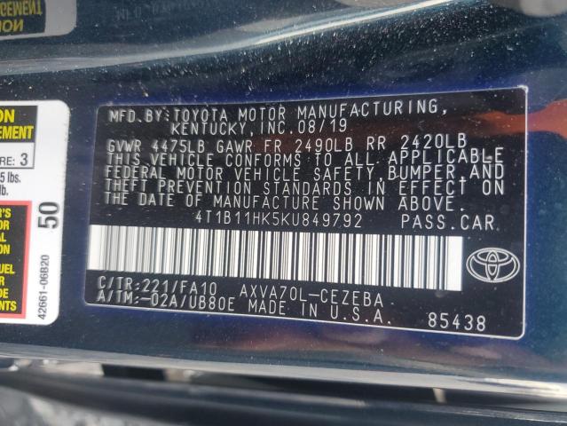 4T1B11HK5KU849792 - 2019 TOYOTA CAMRY L 黑色 照片 12