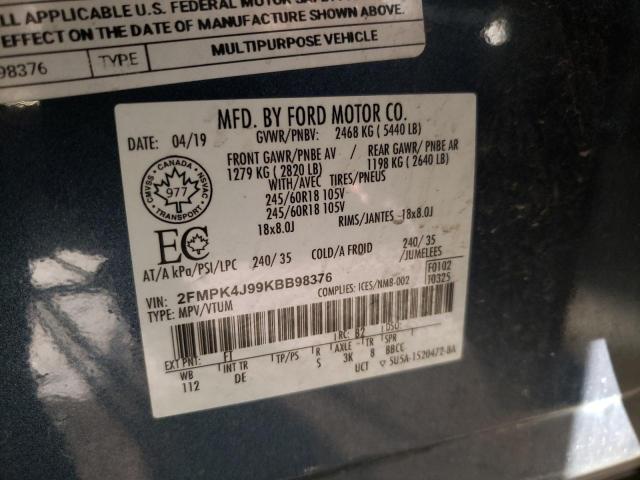 2FMPK4J99KBB98376 - 2019 FORD EDGE SEL ლურჯი ფოტო 13