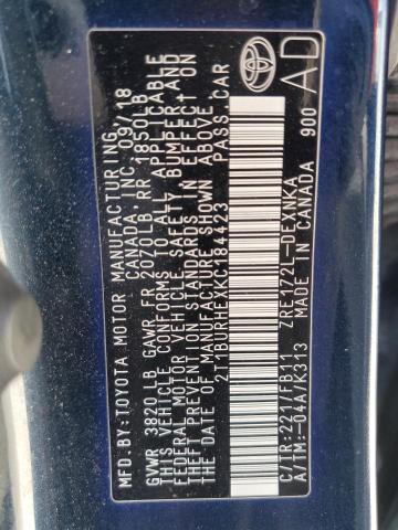 2T1BURHEXKC184423 - 2019 TOYOTA COROLLA L ლურჯი ფოტო 12