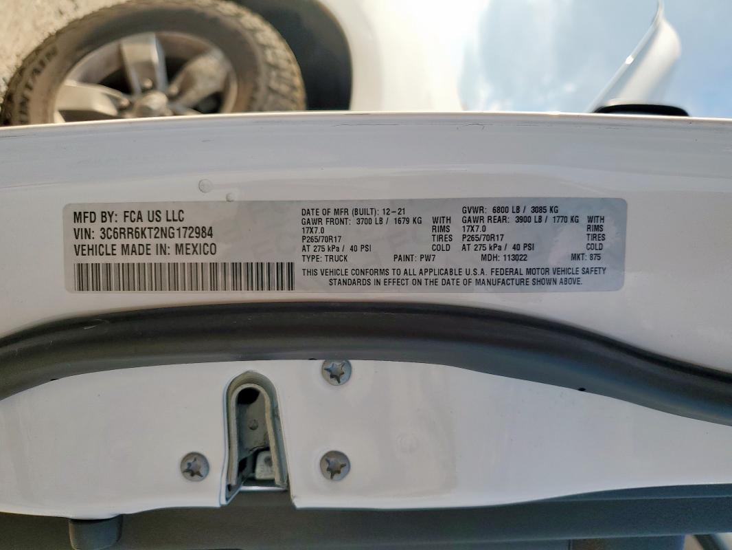 3C6RR6KT2NG172984 - 2022 RAM 1500 CLASS TRADESMAN თეთრი ფოტო 12