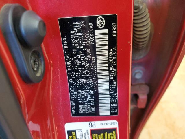 4T1BK1FK0CU521939 - 2012 TOYOTA CAMRY SE 红色 照片 12