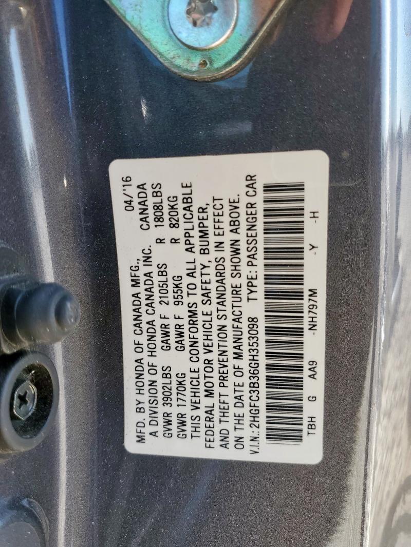 2HGFC3B36GH353098 - 2016 HONDA CIVIC EX 石墨色 照片 13