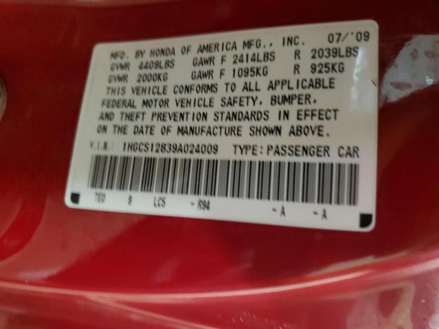 1HGCS12839A024009 - 2009 HONDA ACCORD EXL RED photo 12