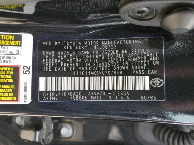 4T1G11AK6NU707648 - 2022 TOYOTA CAMRY SE BLACK photo 13