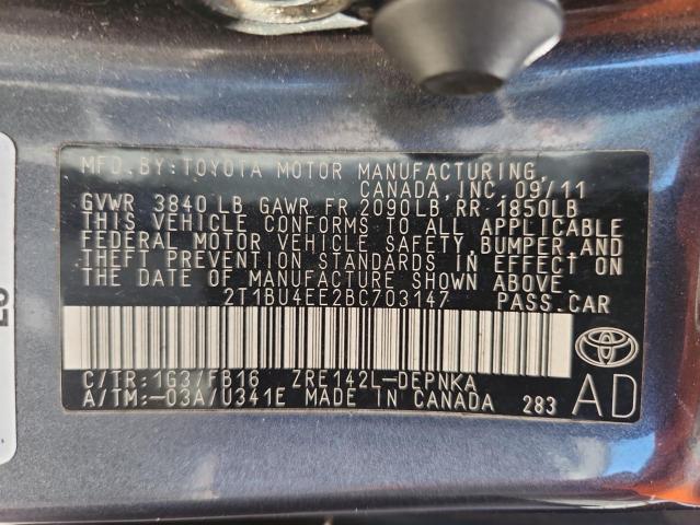 2T1BU4EE2BC703147 - 2011 TOYOTA COROLLA BASE GRAY photo 12