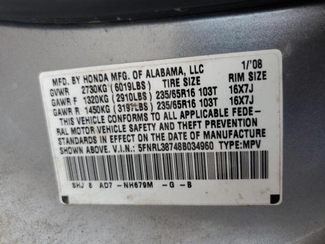 5FNRL38748B034960 - 2008 HONDA ODYSSEY EXL Gümüş fotoğraf 14