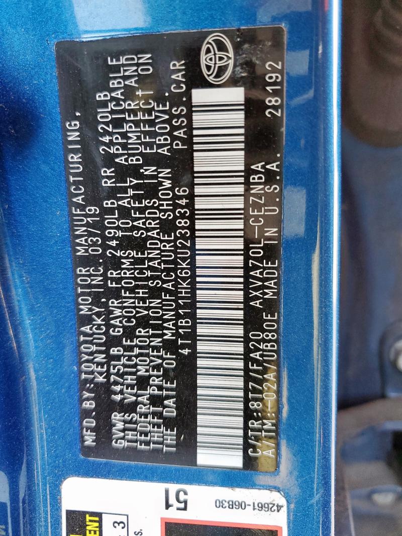 4T1B11HK6KU238346 - 2019 TOYOTA CAMRY L BLUE photo 12