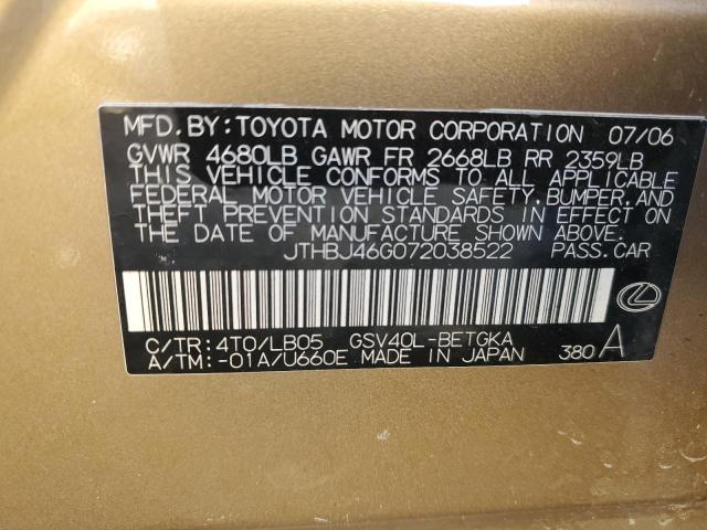 JTHBJ46G072038522 - 2007 LEXUS ES 350 TAN photo 12