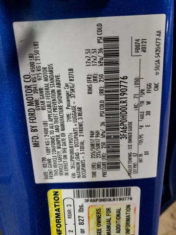 3FA6P0HD0LR190776 - 2020 FORD FUSION SE BLUE photo 12