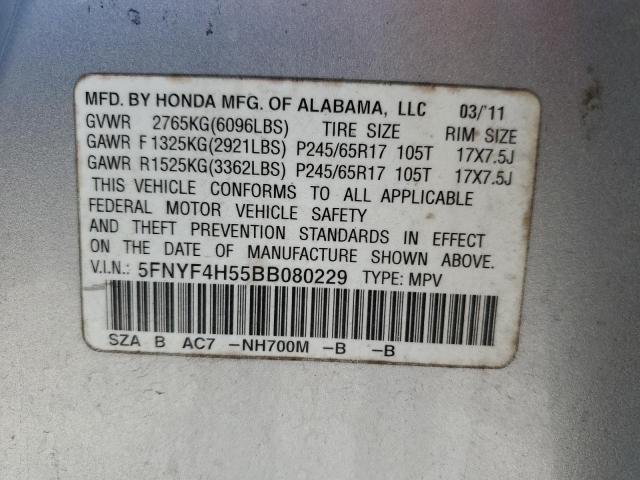 5FNYF4H55BB080229 - 2011 HONDA PILOT EXL Gümüş foto 13