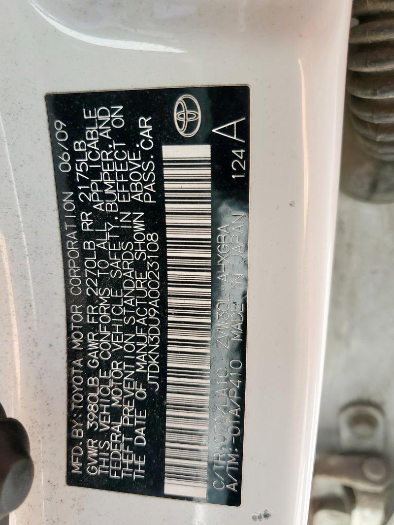 JTDKN3DU9A0023108 - 2010 TOYOTA PRIUS 白色 照片 12