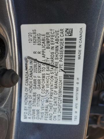 2HGFC2F60MH532411 - 2021 HONDA CIVIC LX 灰色 照片 12