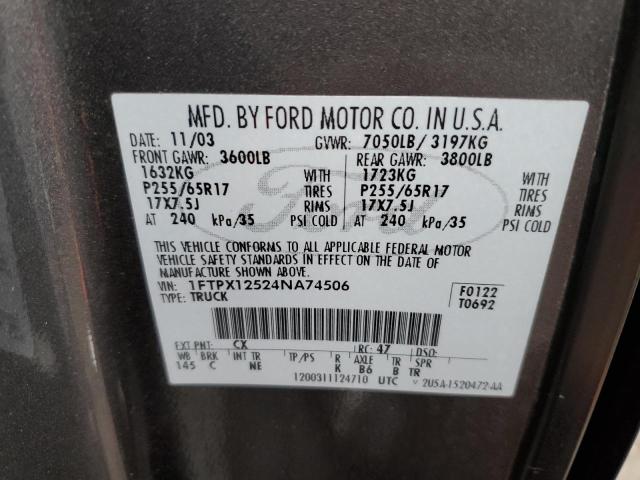 1FTPX12524NA74506 - 2004 FORD F150 GRAY photo 12