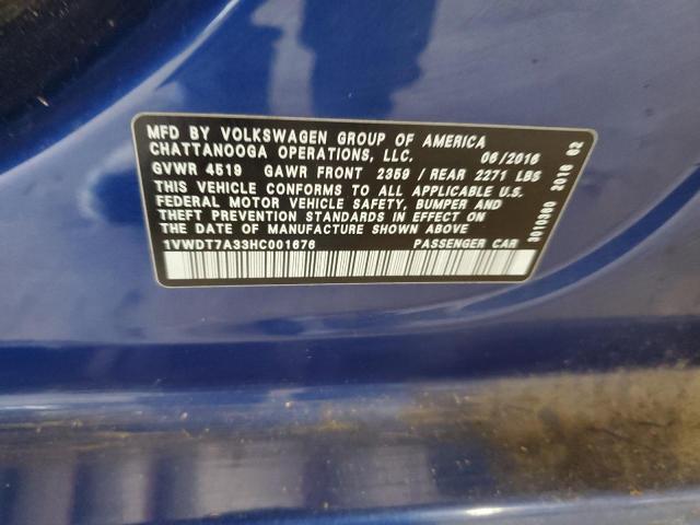 1VWDT7A33HC001676 - 2017 VOLKSWAGEN PASSAT R-LINE Կապույտ լուսանկար 12