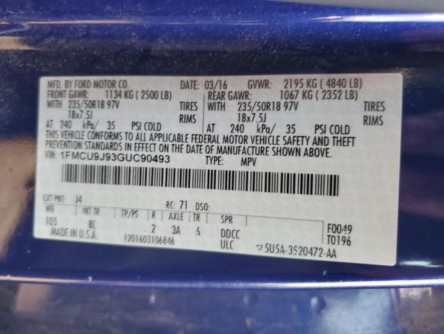 1FMCU9J93GUC90493 - 2016 FORD ESCAPE TITANIUM 蓝色 照片 12