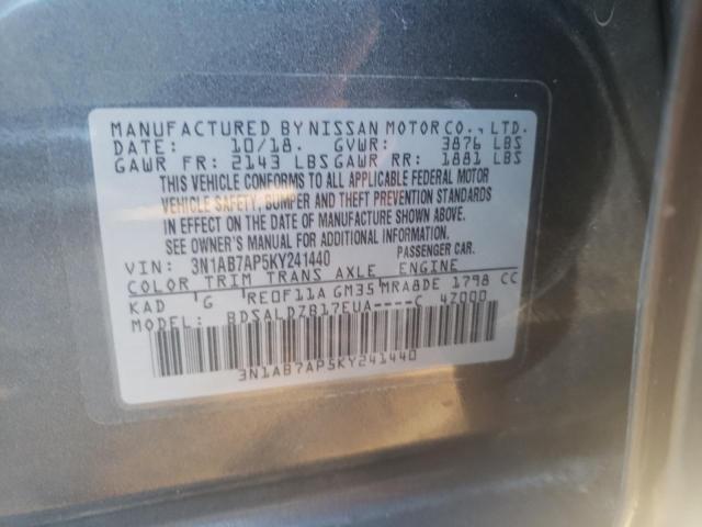 3N1AB7AP5KY241440 - 2019 NISSAN SENTRA S GRAY photo 12