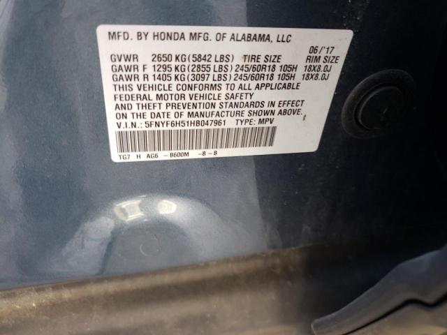 5FNYF6H51HB047961 - 2017 HONDA PILOT EXL GRAY photo 14