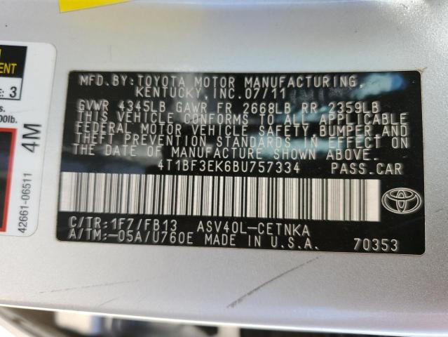 4T1BF3EK6BU757334 - 2011 TOYOTA CAMRY BASE SILVER photo 12