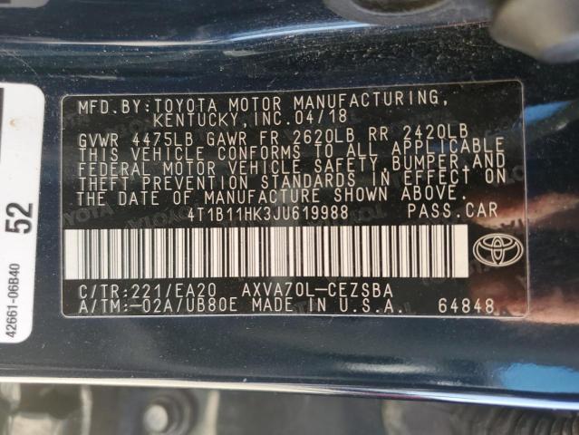 4T1B11HK3JU619988 - 2018 TOYOTA CAMRY L TEAL photo 12