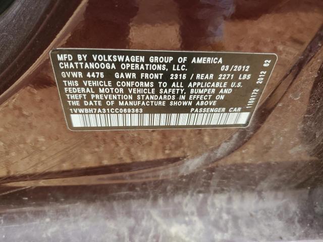 1VWBH7A31CC069363 - 2012 VOLKSWAGEN PASSAT SE Bordeaux Foto 12