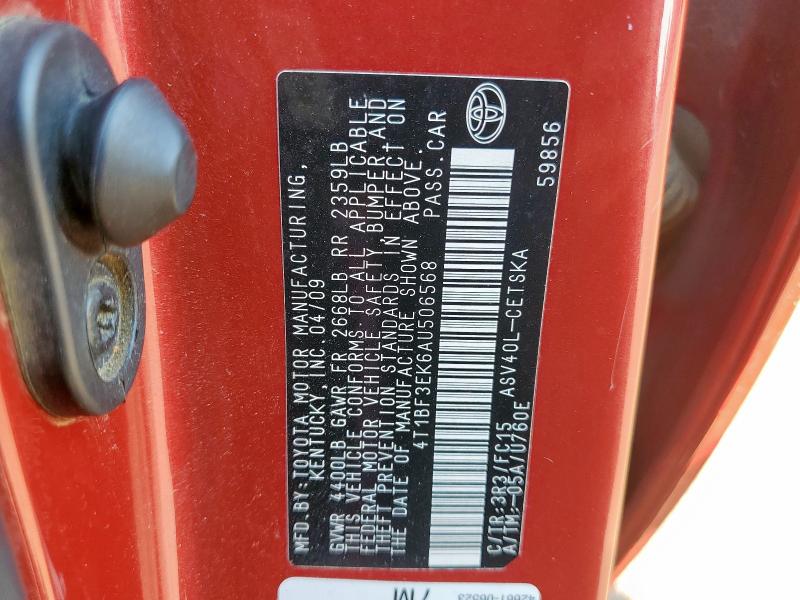 4T1BF3EK6AU506568 - 2010 TOYOTA CAMRY BASE 红色 照片 12