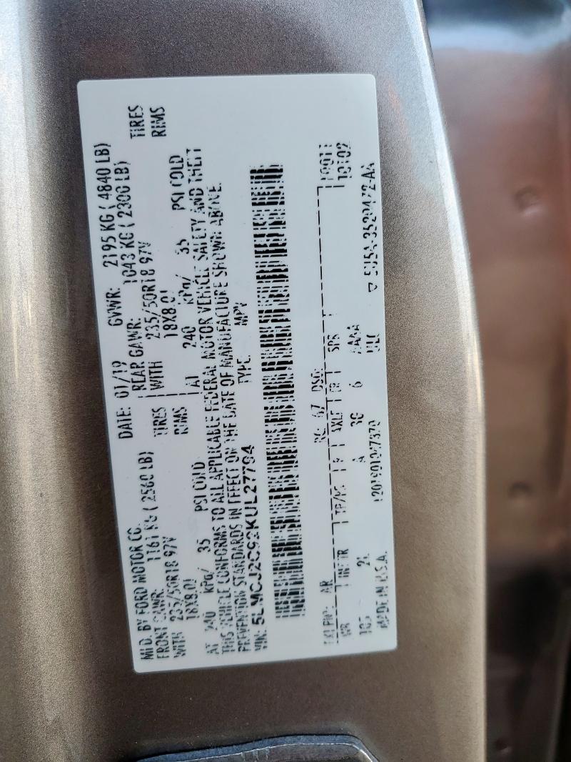 5LMCJ2C92KUL27794 - 2019 LINCOLN MKC SELECT Բեժ լուսանկար 12