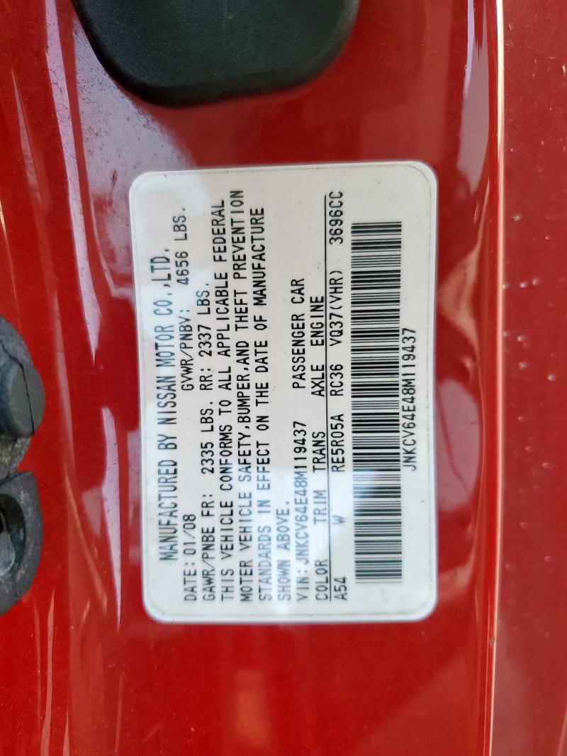 JNKCV64E48M119437 - 2008 INFINITI G37 BASE RED photo 12