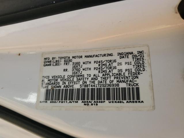 5TBBT44172S236938 - 2002 TOYOTA TUNDRA ACCESS CAB თეთრი ფოტო 12