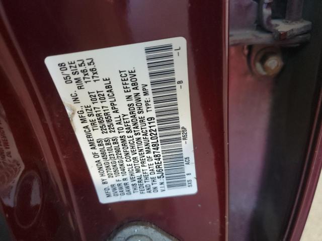 5J6RE48748L022119 - 2008 HONDA CR-V EXL RED photo 14