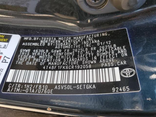 4T4BF1FK6CR192058 - 2012 TOYOTA CAMRY BASE BLACK photo 12