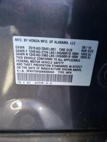 5FNYF5H50KB006464 - 2019 HONDA PILOT EXL GRAY photo 14