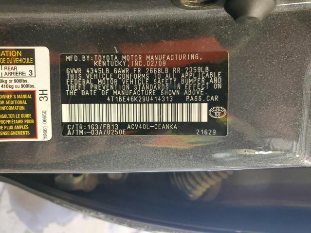 4T1BE46K29U414313 - 2009 TOYOTA CAMRY BASE GRAY photo 12