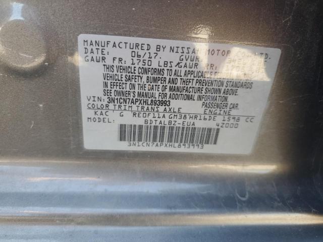 3N1CN7APXHL893993 - 2017 NISSAN VERSA S TAN photo 12