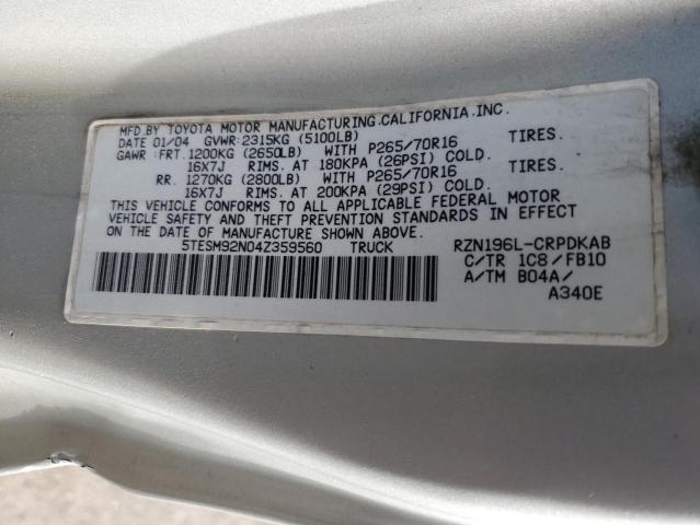 5TESM92N04Z359560 - 2004 TOYOTA TACOMA XTRACAB PRERUNNER 银色 照片 12