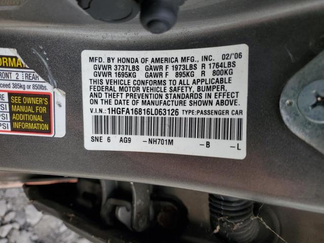 1HGFA16816L063126 - 2006 HONDA CIVIC EX BEIGE photo 12