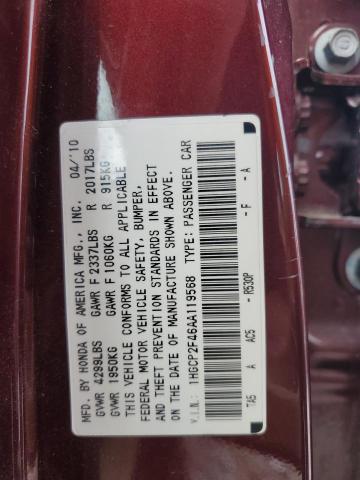 1HGCP2F46AA119568 - 2010 HONDA ACCORD LXP BURGUNDY photo 12