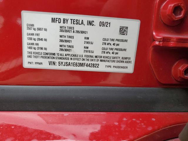 5YJSA1E63MF442822 - 2021 TESLA MODEL S Qırmızı foto 12