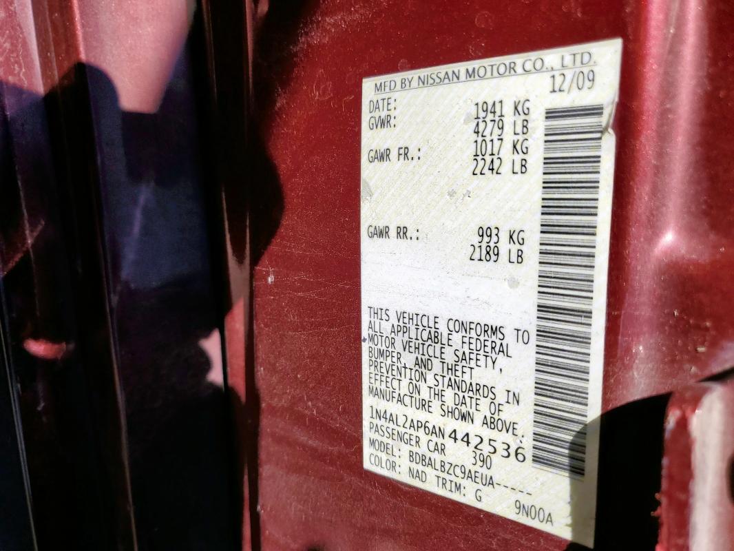 1N4AL2AP6AN442536 - 2010 NISSAN ALTIMA BASE 栗色 照片 12